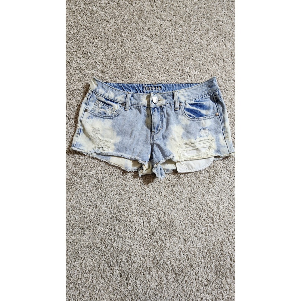 Decree Womens Distressed Denim Mid Rise Light Wash Raw Hem Short Shorts Size 9